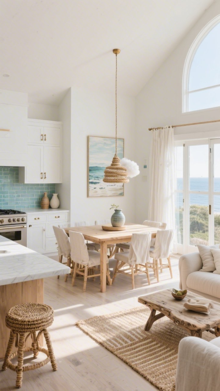 Wide shot, corner angle: An open-plan coastal calm space bathed in morning sunlight with soft whites, warm sand tones, and misty blues; kitchen with white shaker cabinets, matte brass hardware, sea-glass subway tile backsplash, and a pale oak island topped with light quartz, paired with woven seagrass stools; adjacent dining shows a bleached oak trestle table with linen slipcovered chairs and a rope-wrapped pendant; living area features a cloud-like performance-linen sectional, driftwood coffee table, and airy sheers at large sliders; oversized coastal art, ceramic jugs, and a striped jute rug seamlessly tie the zones with matching wood tones and layered textiles; no people, photorealistic, bright natural light.