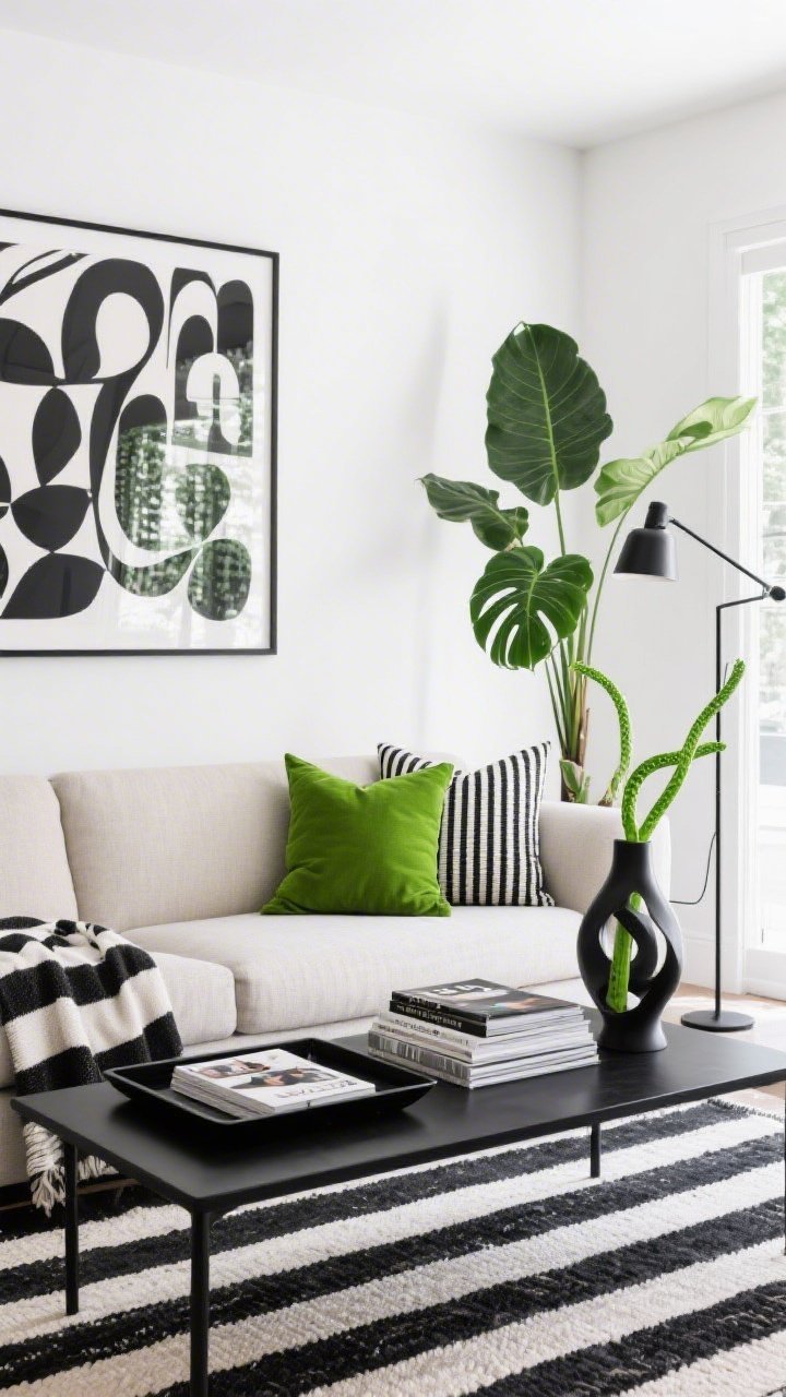 Wide shot, graphic garden modern living room: strong black-and-white graphics with fresh green. Neutral sofa styled with two graphic pillows (bold stripes and checks) plus one vibrant green solid; a black-and-white cotton throw over the arm. Sleek floor lamp stands adjacent. Coffee table features a black tray, a neat stack of design magazines, and a sculptural vase with vivid green stems. On the wall, one oversized abstract black-and-white print anchors the scene. A striped indoor–outdoor rug adds durability and pop; include a tall fiddle-leaf fig or snake plant for height. Bright, crisp lighting, photorealistic.