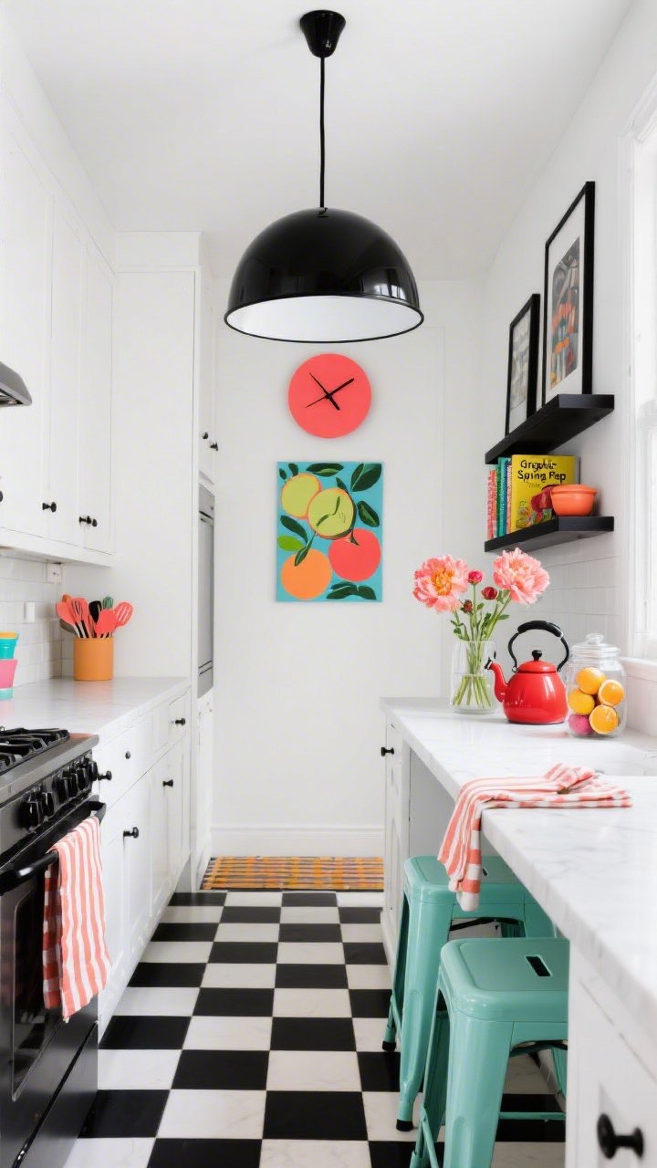 Wide shot, “Graphic Spring Pop” galley kitchen: crisp white cabinets and walls contrasted with inky black accents; oversized glossy black dome pendant centered overhead; checkerboard runner along the floor; striped napkins on a white counter; bright graphic fruit print and a bold coral/red wall clock; metal or lacquered stools in matte mint at the island; counter styling includes a red kettle, coral utensil crock, and a clear jar heaped with colorful citrus; black picture ledges displaying bright cookbooks; seasonal stems like neon ranunculus or coral peonies in a clear vase; tight, intentional composition, punchy and photogenic.