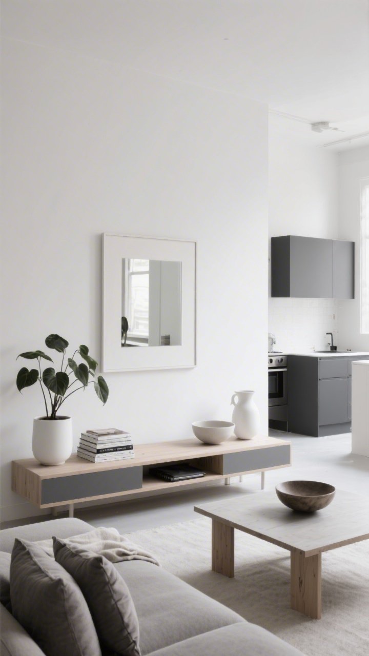 Wide shot, Minimalist Studio Reset living area: sleek and intentional with white, charcoal, and soft wood palette; clear surfaces reintroduced with only functional basics—one strong plant, one stack of books, one sculptural bowl per surface; a bench or coffee table used as a TV stand; sofa slid parallel to it for clean lines; blank wall space left purposefully open; kitchen ceramics like white pitchers and mixing bowls repurposed as gallery-like decor; textiles minimal—throws folded into tight rectangles, only two solid pillows; one oversized art piece or centered mirror for symmetry; bright diffused daylight, photorealistic, straight-on.
