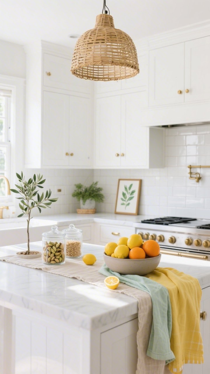 Wide shot of a bright, sunlit citrus kitchen with a clean white backdrop: white painted cabinets and white tile backsplash, brushed brass hardware, a rattan pendant over a white island. On the island, a soft oat linen runner with a matte ceramic bowl piled with lemons and tangerines; buttery yellow and pale mint dish towels draped nearby. Clear countertops with glass canisters of pistachios and farro, a mini olive tree by the sink, and a small framed watercolor herb print near the cooktop. Airy, fresh spring mood, natural daylight, photorealistic.