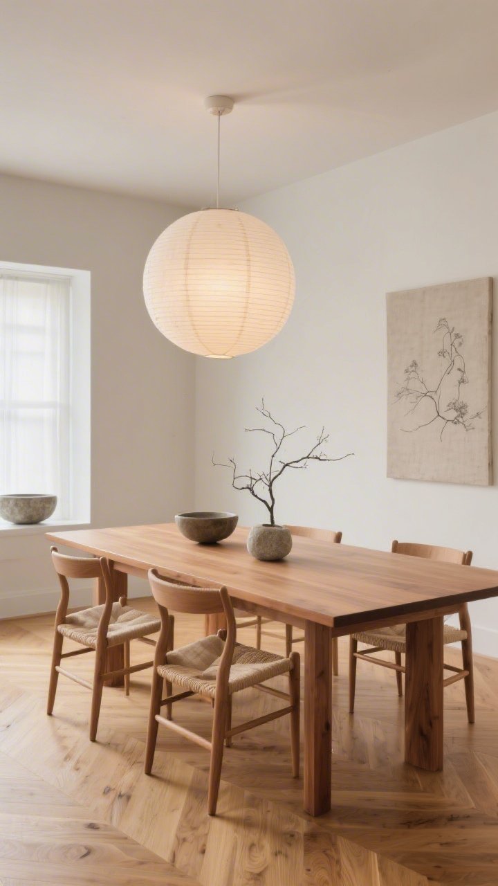 Wide shot of a Japandi dining room with honey-toned oak floors in a smooth satin-matte finish; low-profile solid oak dining table with rounded corners, wishbone chairs in natural cord; palette of mushroom, clay, and linen tones; large round paper lantern pendant floating above like a full moon; soft greige/warm white walls; minimal ink drawings or a single textured canvas; decor of stone bowls and a single ikebana-style branch centerpiece; soft, diffuse daylight for balanced, grounded calm, photorealistic.
