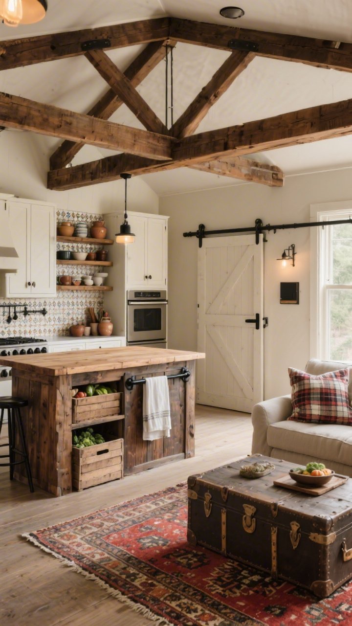Wide shot of rustic farmhouse with industrial edge: off-white shaker cabinets, hand-pressed zellige tile backsplash, open reclaimed wood shelves styled with crockery; showstopper island with distressed walnut base, chunky butcher block top, bold black iron hardware, towel bar and crate storage for produce; exposed ceiling beams stained to match island; living area continuity with slipcovered sofa, plaid pillows, massive sliding barn door hiding media, metal factory sconces, vintage trunk coffee table, kilim runner bridging spaces; palette cream, warm wood, iron black, rust red accents; warm, cozy lighting, photorealistic, angled from kitchen toward living, no people.