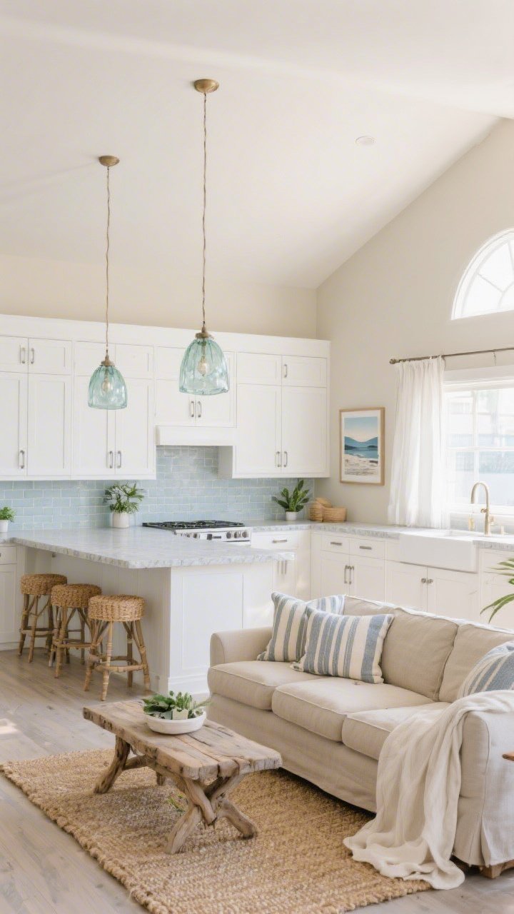 Wide shot, open-concept living room and kitchen in a coastal calm style: soft sand-toned walls, matte white shaker cabinets with brushed nickel pulls, pale gray quartz countertops, white zellige tile backsplash, two glass pendants over the island like sea glass. Living zone includes a low-slung slipcovered oatmeal linen sofa, driftwood-style coffee table on a jute rug, airy linen curtains, woven bar stools at the island, striped throw pillows, framed coastal landscape above a slim console, and a few leafy plants. Palette of whites, oat, pale gray, and soft blue accents. Bright natural daylight, breezy and airy mood.