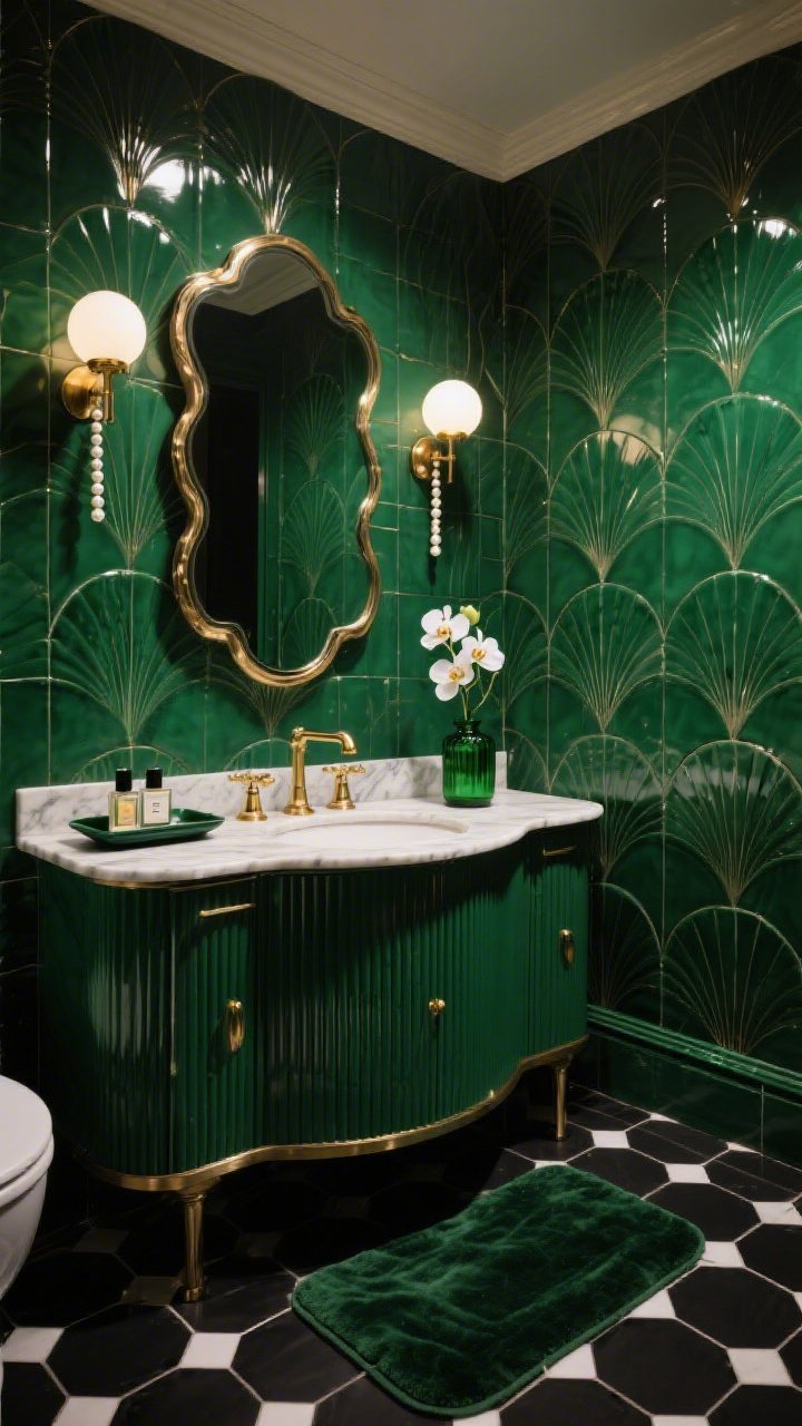 Wide shot, slight low angle: Art-Deco glam bathroom featuring a vanity wall wrapped in emerald green fan-shaped tiles edged with fine metallic lines that gleam under lighting; small black hex floor tiles with crisp white grout; curved marble-topped vanity with fluted doors; polished brass taps and a scalloped-framed mirror; twin globe sconces set vertically like pearl earrings flanking the mirror; lacquered tray with perfumes, velvet-look washable bath mat; a single orchid and bottle-green glass canister; dramatic, luxe evening lighting; no people, photorealistic.