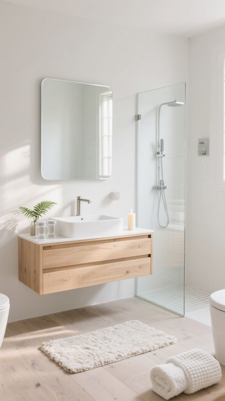 Wide shot, Soft Scandinavian Serenity bathroom: matte white walls, floating light-oak vanity with minimal hardware, slim rectangular mirror with rounded corners, frameless glass shower with subtle linear drain, porcelain floor tiles that resemble pale ash wood, brushed nickel fixtures, wool bath mat, thick winter-white waffle towels, tiny potted fern, clear glass canisters, unscented pillar candle; warm airy morning light, clean lines, spa-like calm, photorealistic.