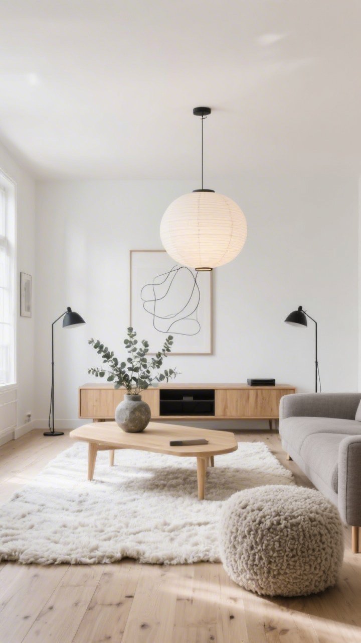 Wide shot, straight-on, photorealistic Scandinavian living room flooded with daylight; whitewashed oak wood floors with a soft matte finish; warm gray linen sofa, low blonde-wood coffee table, chunky ivory textured rug; black metal floor lamps flanking a slim oak-framed media console; oversized paper lantern pendant casting a soft glow; palette of cloud white, warm gray, pale oak, matte black; accents include eucalyptus in a stone vase on the coffee table, abstract line art on the wall, and a boucle pouf; no people.