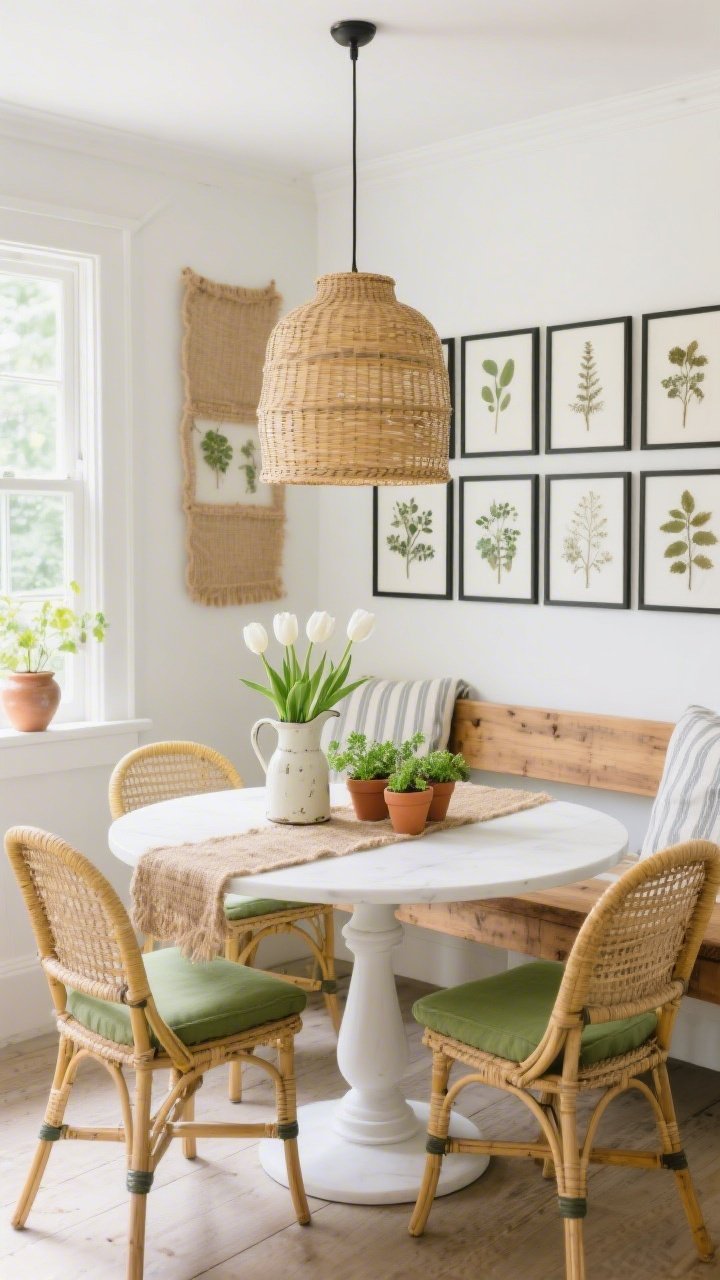 Wide shot, straight-on view: A botanical breakfast nook with a round white pedestal table centered under a rattan drum pendant, morning light streaming in. Woven bistro chairs with sage-green cushions surround the table; a butcher-block bench with a stripey linen throw sits against the wall. On the tabletop: a vintage pitcher of white tulips, a mini herb garden in terracotta pots, and a jute runner. Palette of white, sage, butter yellow, and natural wood. Thin black-framed gallery wall of pressed botanicals behind, textures of jute, rattan, linen, and glazed pottery clearly visible, bright and airy cottage charm, no people.