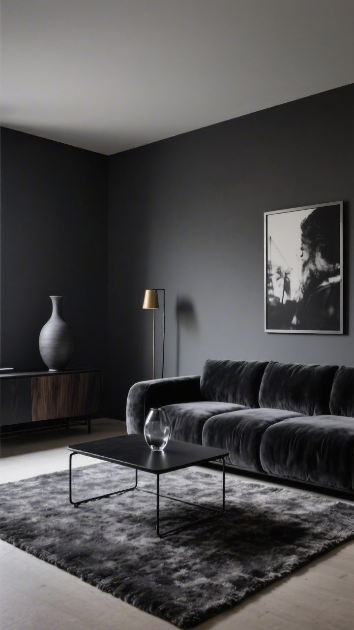Wide shot, straight-on view: A monochrome velvet lounge living room in a deep charcoal palette with tonal layers. Low-slung slate/ink velvet sofa against slightly warmer gray walls, matte black metal coffee table with clean lines, smoked glass lamp, thick wool rug anchoring the space. Brushed gunmetal frames with oversized black-and-white photography, a single sculptural ceramic vase, linear floor lamp with a subtle brass detail, sleek black oak credenza for hidden storage. Soft moody lighting, textures of velvet, wool, glass, and metal emphasized, clutter-free, photorealistic.
