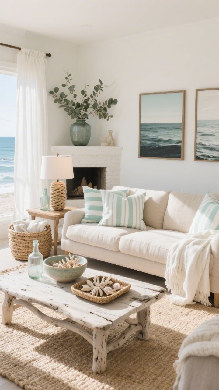 Wide shot, sun-kissed coastal living room: neutral linen-beige sofa with airy white and seafoam cotton throws, striped coastal pillows in seafoam and white, jute area rug, bleached driftwood-tone coffee table styled with a ceramic bowl of seashells and coral; rope-wrapped table lamp, seagrass tray, and glass bottle vases on side tables; woven basket beside the sofa storing lightweight throws; mantle topped with a big jar of eucalyptus; ocean-inspired prints replacing dark artwork; palette of sand, seafoam, white, and driftwood; natural morning light streaming through sheer curtains, bright and breezy coastal mood, photorealistic.