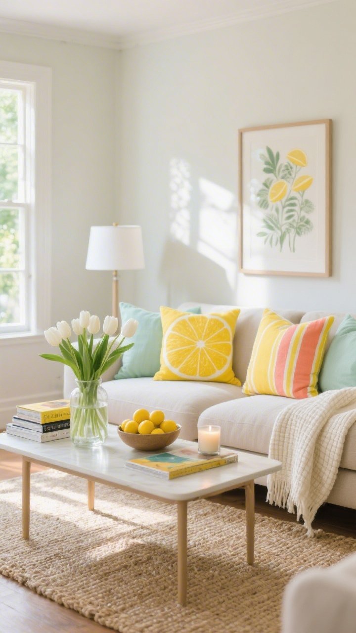 Wide shot, sunlit living room in spring palette: existing neutral sofa with three citrus-toned pillow covers (zingy lemon yellow, coral stripe, soft mint linen), lightweight pale-cream cotton or waffle blanket draped casually, striped jute rug under a simple coffee table. On the table: a clear glass vase with white tulips, a bowl of real lemons, stacked sunny art books, and a citrus-scented candle; walls kept light with a single framed botanical print. Lamps have crisp white shades to bounce natural daylight, bright and zesty mood, photorealistic.