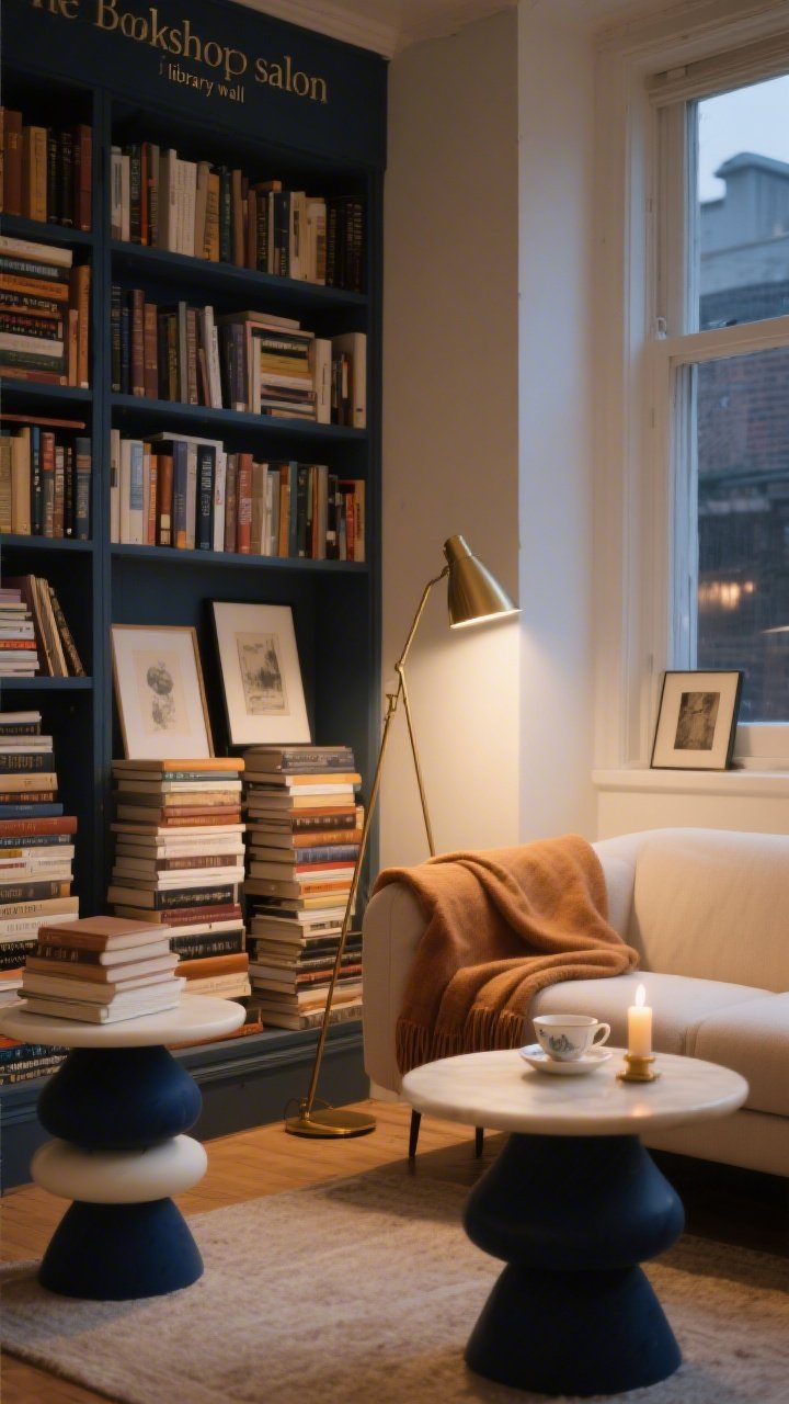 Wide shot, The Bookshop Salon: a cozy living room styled like a boutique bookstore, warm neutrals palette of caramel, deep navy, and cream; low “library wall” of stacked hardcovers along a bare corner under a window; sofa floated a few inches off the wall with a caramel-toned throw blanket draped over the arm; deep navy and cream side tables stacked to form a pedestal; angled brass floor lamp casting a reading-nook glow; framed prints casually propped on the book stacks; a teacup on a saucer beside a candle on the table; evening ambient lighting with soft shadows, photorealistic, no people, corner angle.