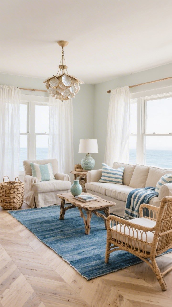 Wide shot with breezy natural light of a coastal-inspired living room featuring bleached oak herringbone flooring; slipcovered oatmeal sofa; vintage-inspired indigo rug layered for contrast; rattan accent chairs, driftwood-tone side tables; gauzy white curtains billowing slightly by open windows; palette of sand, sea glass, indigo, bleached oak; woven baskets and ceramic lamps, striped throws; capiz shell chandelier adding soft shimmer; calm, airy mood; no people.