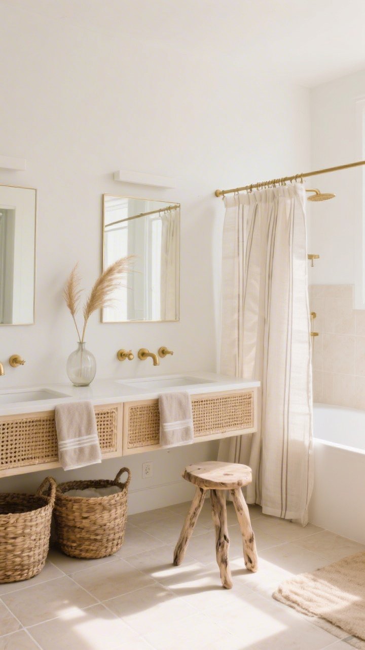Wide, straight-on Coastal Minimal with Sun-Kissed Neutrals: warm white walls, sand-toned porcelain floor tiles, natural cane-front vanity, thin brass mirror adding a subtle glow, brushed brass fixtures, oyster-colored towels, linen shower curtain with a delicate stripe, woven baskets under the vanity, driftwood-style stool by the tub, single sea grass stem in a frosted vase; sun-kissed late-afternoon ambiance with gentle highlights; breezy, not beachy, photorealistic.