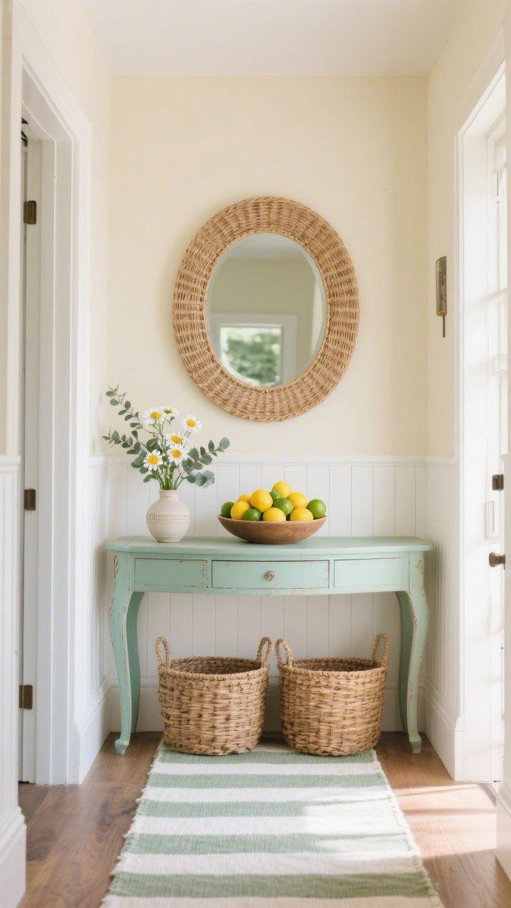 Wide, straight-on entryway scene in soft morning light: buttercream walls with white beadboard half-wall, a vintage-inspired mint console table centered below a large round rattan mirror; atop the console a bowl filled with faux lemons and limes, a petite vase of chamomile and eucalyptus; floor features a striped runner in sage and ivory; two woven baskets tucked neatly beneath the console; color palette of buttercream, mint, white, rattan, and citrus yellow, photorealistic, no people.