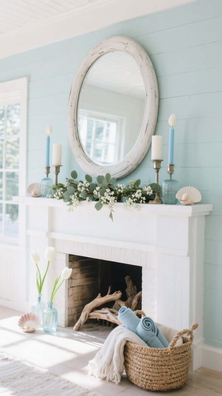 Wide, straight-on shot of a breezy coastal cottage mantel in a sunlit room: white-painted mantel against a soft seafoam accent wall, centered round whitewashed mirror reflecting bright natural light; eucalyptus and baby’s breath garland layered across the mantel; pale blue taper candles in brushed-nickel holders interspersed with chunky white pillar candles at both ends; small ceramic shells and frosted glass bud vases each holding a single white tulip; driftwood and misty blue accents; woven basket with rolled linen throws placed below the mantel; airy, clean coastal mood with soft, natural daylight.