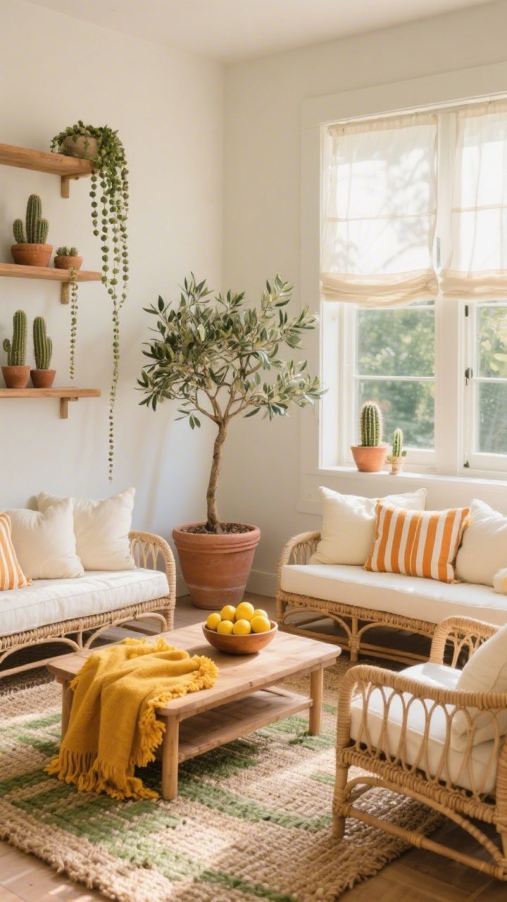 Wide sunroom shot, corner perspective: A serene sunroom sanctuary with rattan lounge chairs piled with buttercream cushions around a low teak coffee table resting on a handwoven sisal rug. Height and movement from an olive tree in a terra-cotta pot, string-of-pearls trailing from a high shelf, and a cluster of small cacti on a sunlit windowsill. Citrus pops: a bowl of lemons on the table, a marigold throw, and striped ochre-and-cream pillows. Sheer roman shades soften abundant natural light. Palette of cream, warm wood, leaf green, marigold; textures of rattan, sisal, terra-cotta, and teak, photorealistic.