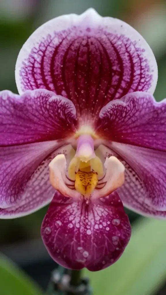 Close-up of an orchid lip with lace-like pattern, magenta hues