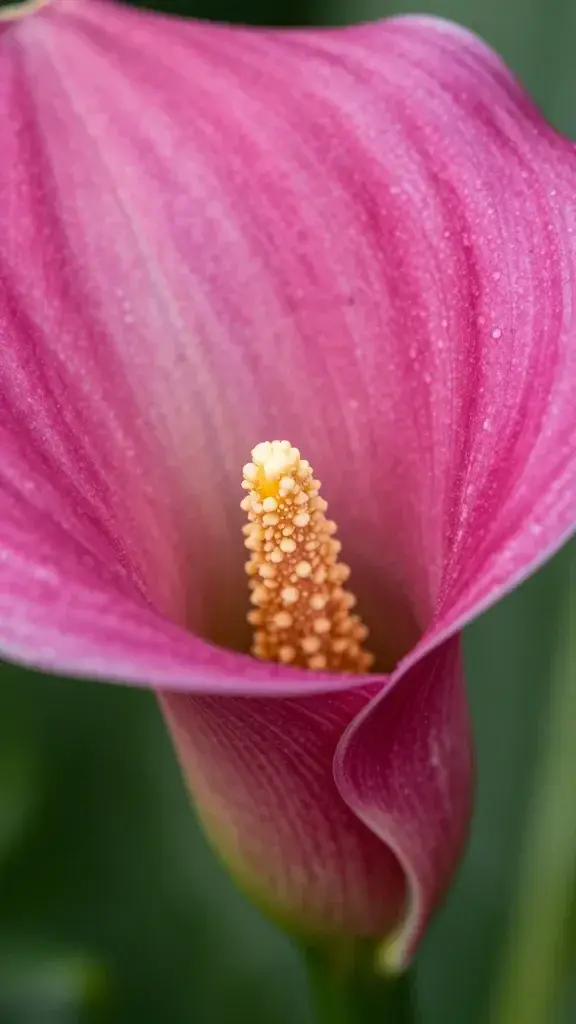 Macro shot of one calla lily stamen and curved petal edge, vivid color