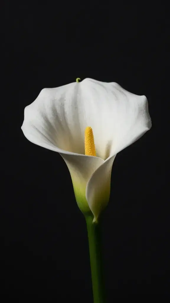 Single bright calla lily against dark studio backdrop, dramatic lighting closeup
