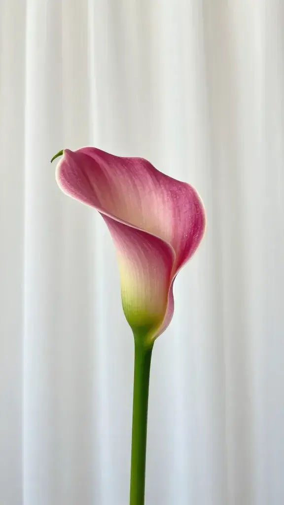 pink calla lily edge glow backlit, soft sheer curtain background