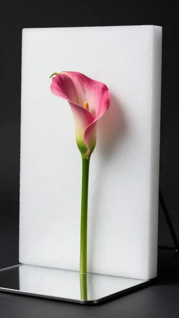 single pink calla lily on white foam board reflector studio setup