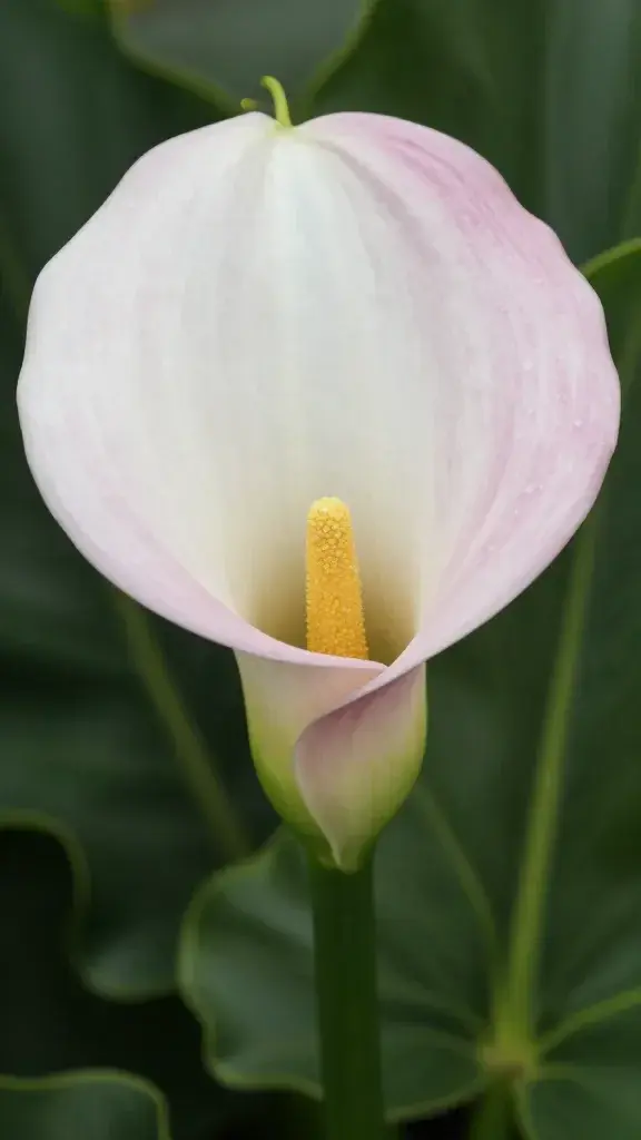 closeup of one pale pink-tinted calla lily bloom