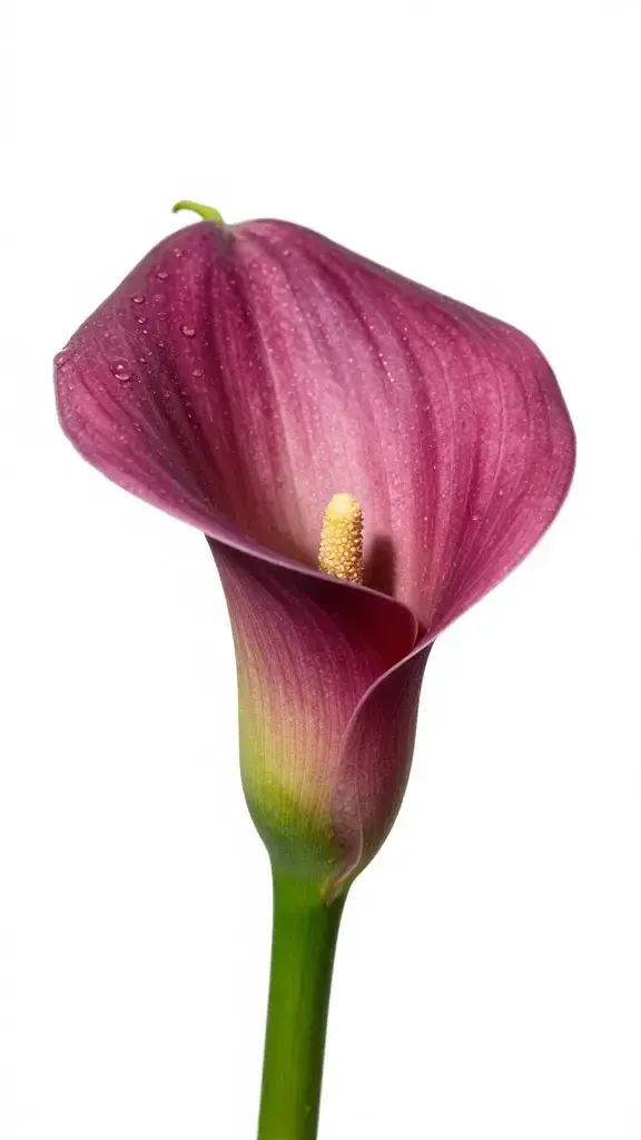 closeup of a single calla lily stem and spathe against white background