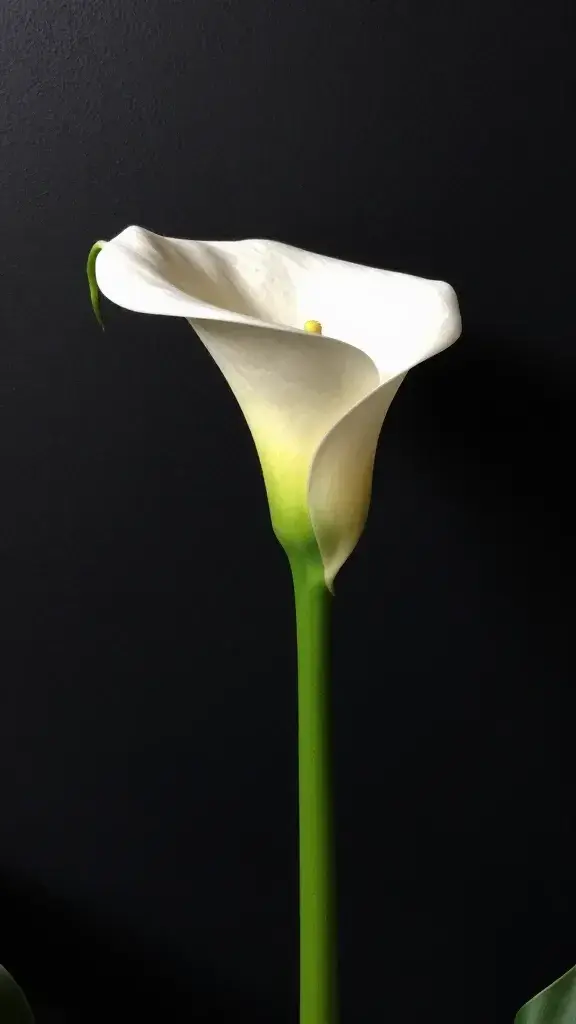 Closeup Calla lily stem against matte black wall, high-contrast lighting