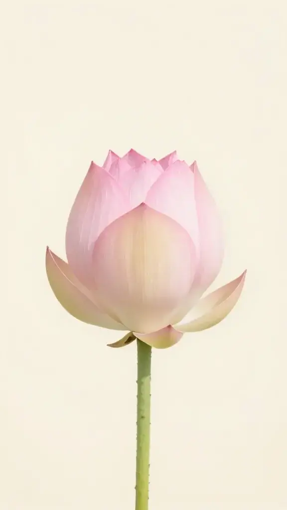 single pale pink lotus bud with gentle shadow on cream surface