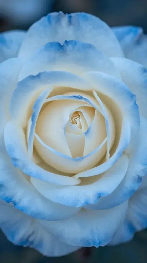closeup blue-tinged rose centerpiece focal bloom with ivory rose