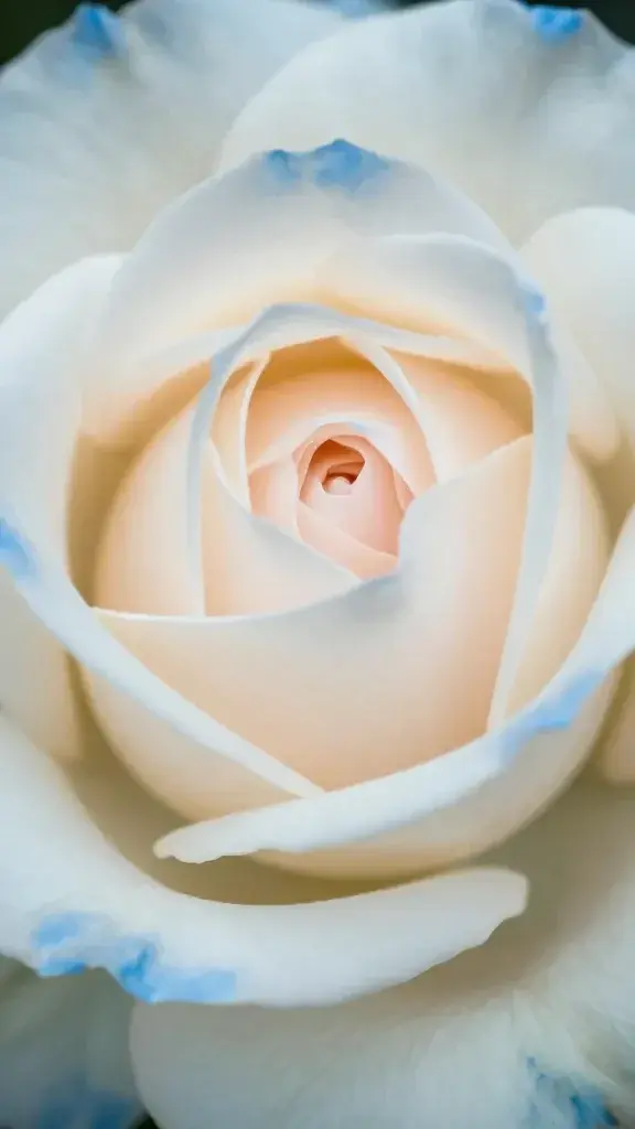 macro shot single blush ivory rose with blue-tinged accent petal