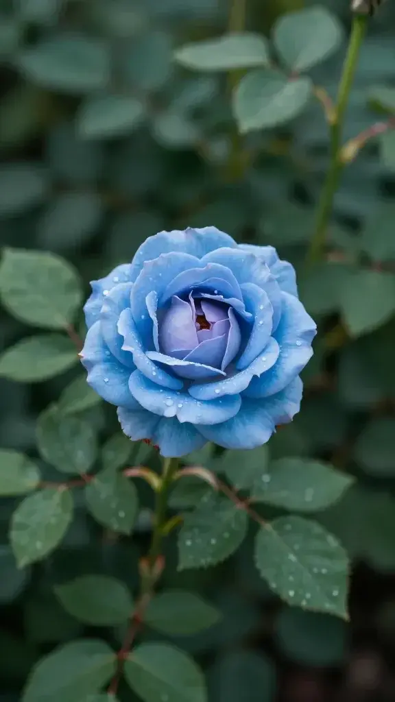 closeup green foliage around a single blue-tinged rose bloom
