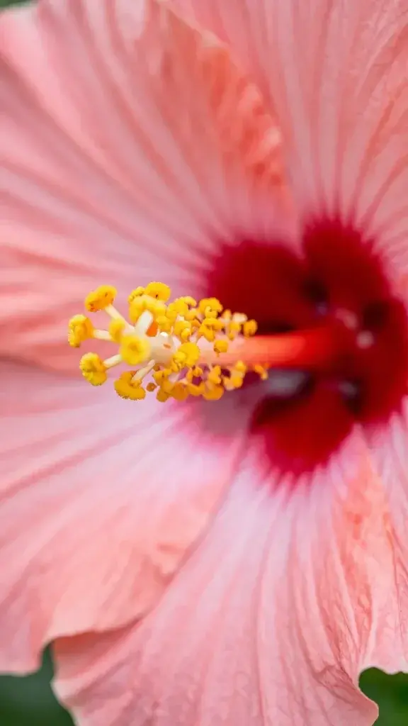Macro shot of one hibiscus petal bursting with pink-orange hues