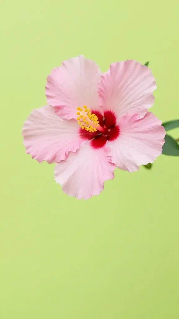 Focused portrait of a single hibiscus against clean lime-green background