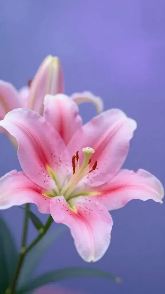 Close-up of a pink lily bloom with soft bokeh blue-purple background
