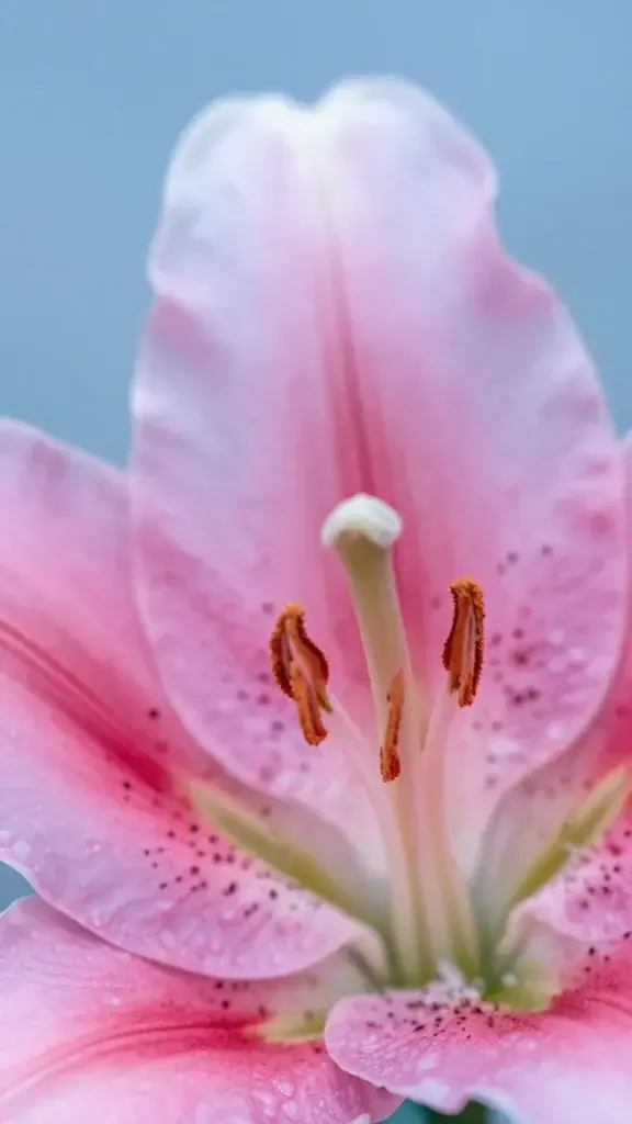 Close-up pink lily petal texture against cool blue-toned backdrop