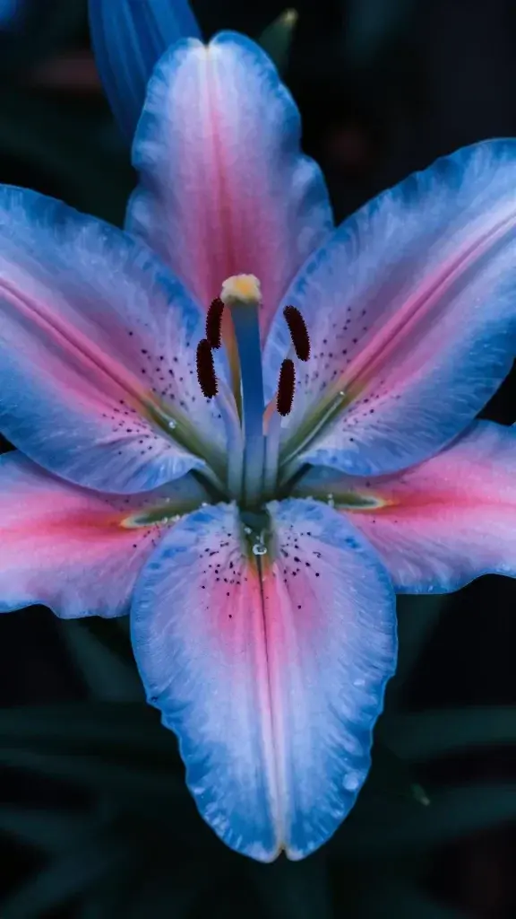 Single blue lily bloom macro shot with warm pink highlights nearby