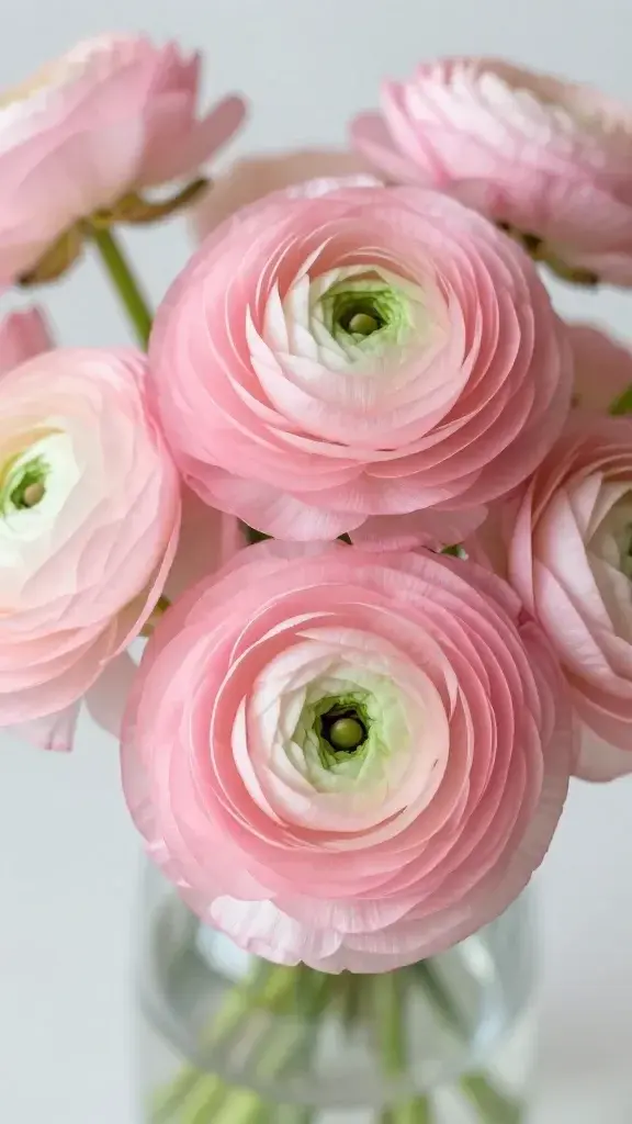 Closeup ranunculus bloom in soft pink resting in clear glass vase