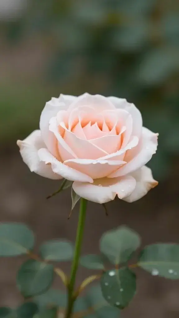Single mini rose stem in pale blush, shallow depth of field