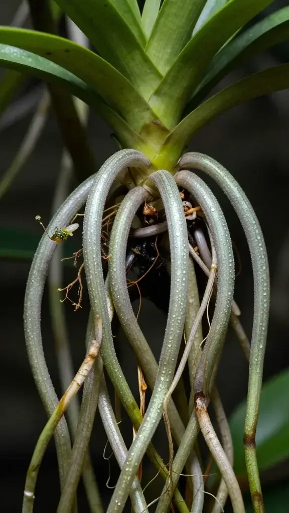 Closeup of Ghost Orchid Dendrophylax loxaflora roots shimmering