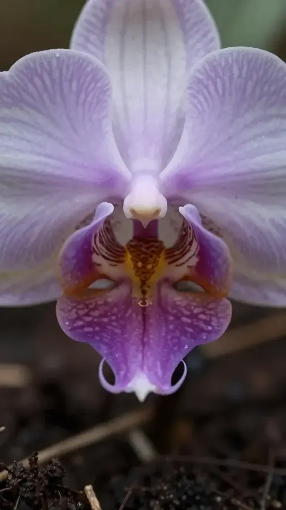 Extreme macro of rare Phantom Orchid bloom in dark soil