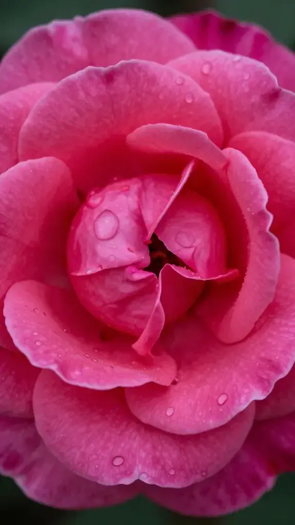 closeup of Albion Damask rose with dew on petals