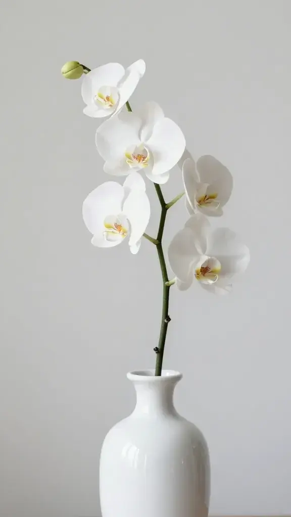 Macro shot of a solitary artificial orchid stem in a sleek white vase