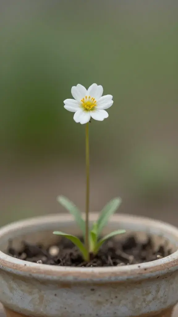 Closeup of a lone wildflower in a ceramic pot