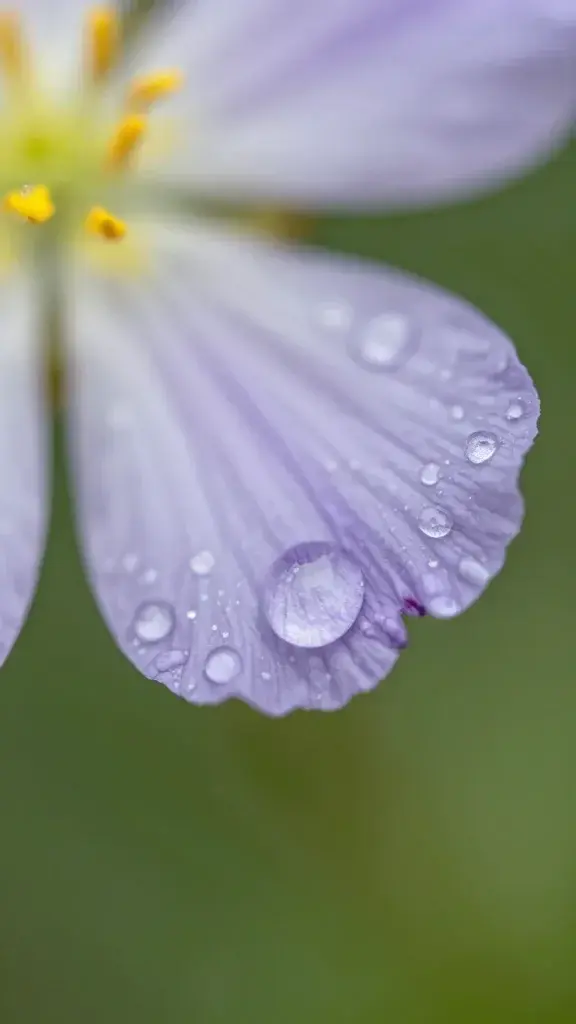 Macro shot of one petal with dew on wildflower stem