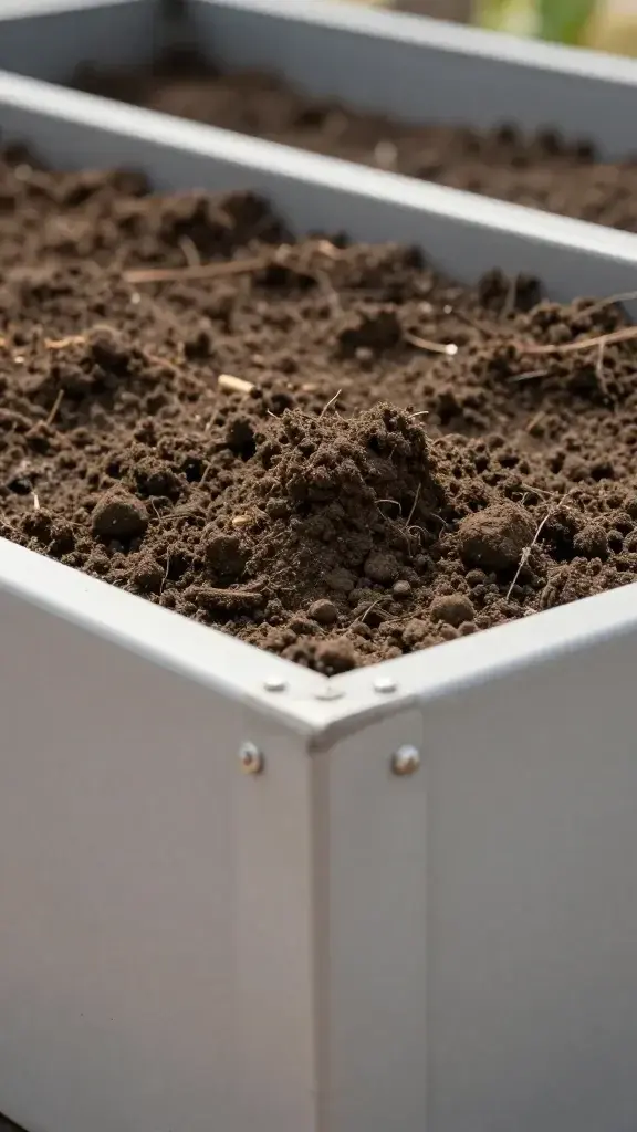 Closeup of a single modular raised bed corner with pristine soil