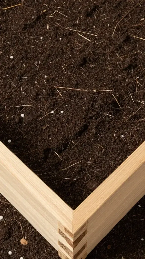 Closeup of a single square wooden raised bed plank, soil top view