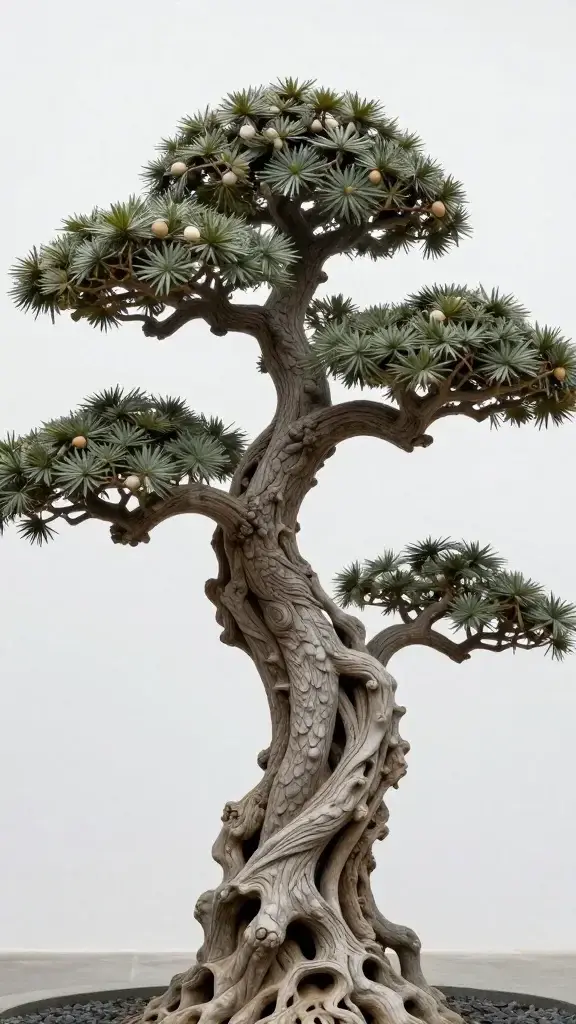 Closeup of a dramatic sculptural tree centerpiece in a minimalist garden