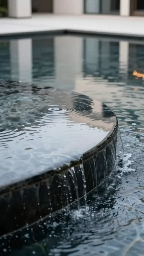 Closeup of a striking water feature with reflections in modern courtyard